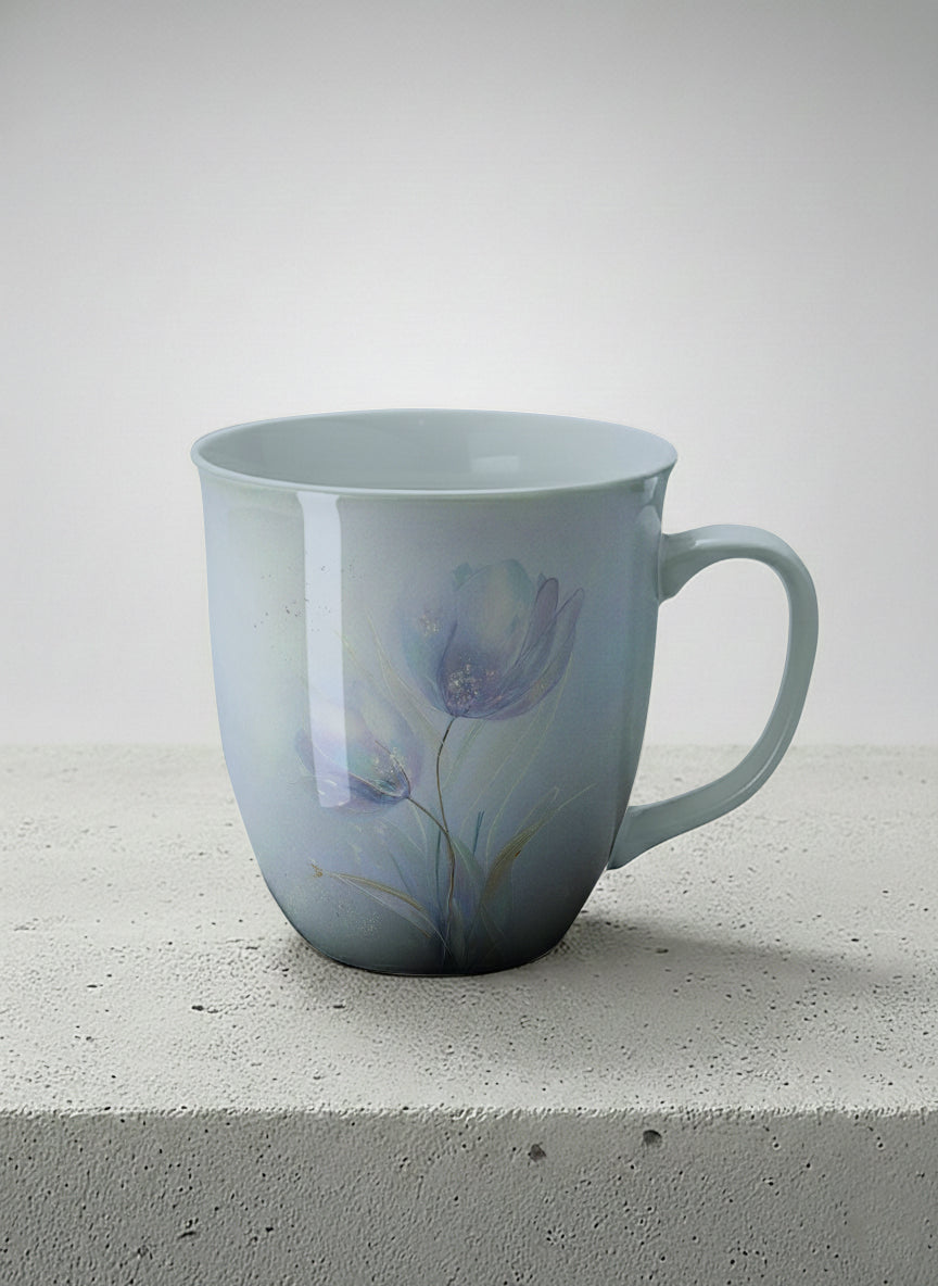 ronny mug | Glass Petals mug, a delicate translucent poppy bloom emerging from a soft misty blue-grey wash, matching powder blue interior and handle, by Karina Mosser - Gallery By Inhesion