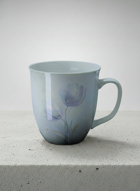 ronny mug | Glass Petals mug, a delicate translucent poppy bloom emerging from a soft misty blue-grey wash, matching powder blue interior and handle, by Karina Mosser - Gallery By Inhesion