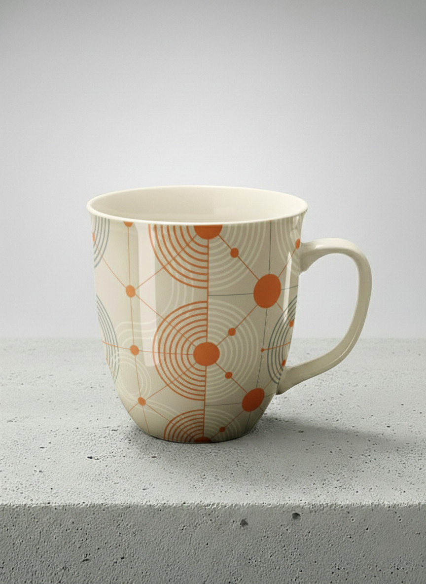 Ronny Mug | Entangled Terracotta Web mug, orange geometric circle pattern, cream finish, by Alan CL Lee - Gallery By Inhesion