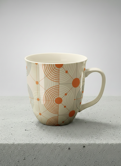 Ronny Mug | Entangled Terracotta Web mug, orange geometric circle pattern, cream finish, by Alan CL Lee - Gallery By Inhesion