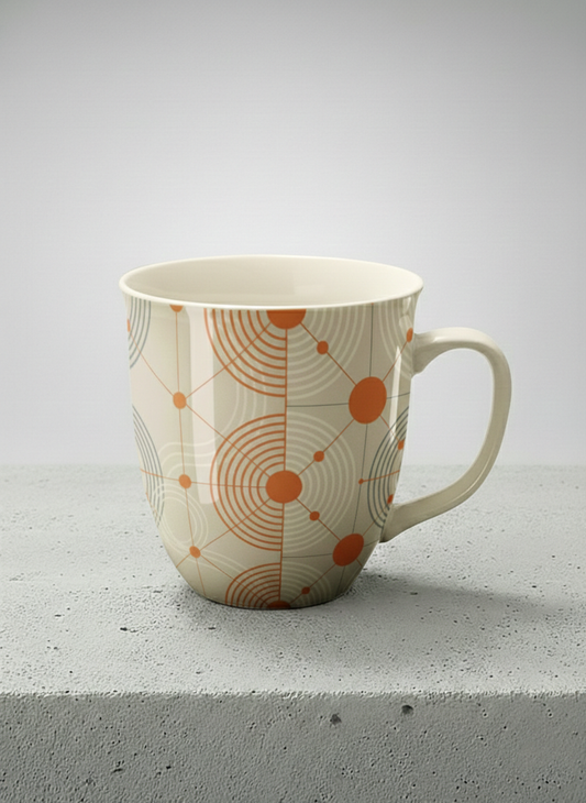 Ronny Mug | Entangled Terracotta Web mug, orange geometric circle pattern, cream finish, by Alan CL Lee - Gallery By Inhesion