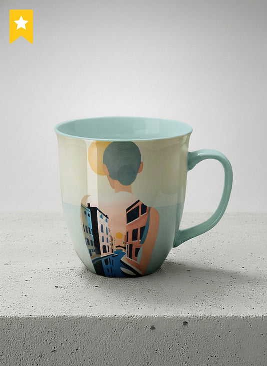 ronny mug | Memory on the Bridge mug a solitary figure gazing over a sunlit Venetian canal lined with terracotta buildings, soft powder blue interior and handle, by KikaG - Gallery By Inhesion