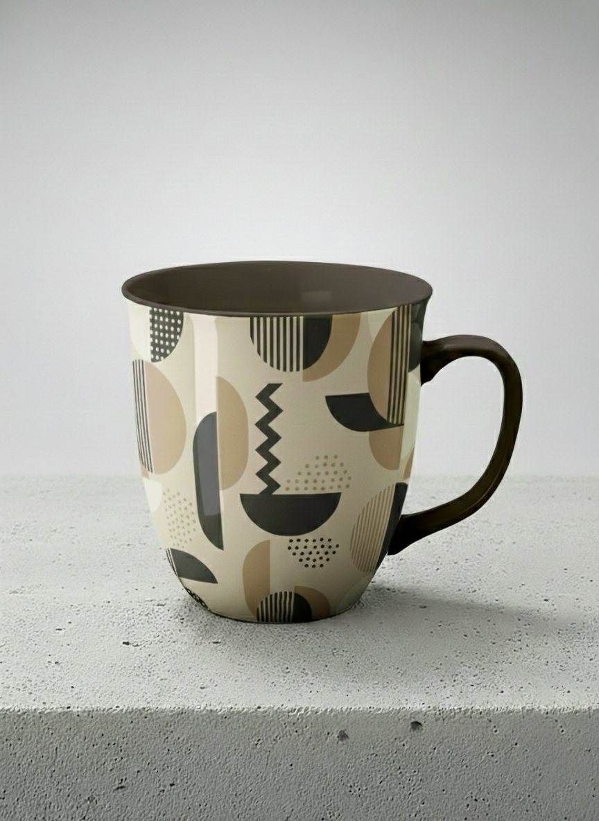 Ronny Mug | Parallel Dune Echo mug, beige and charcoal geometric shapes with dots and stripes, dark interior and handle, by Alan CL Lee - Gallery By Inhesion