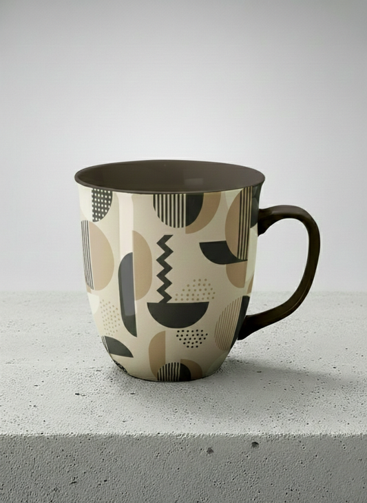 Ronny Mug | Parallel Dune Echo mug, beige and charcoal geometric shapes with dots and stripes, dark interior and handle, by Alan CL Lee - Gallery By Inhesion