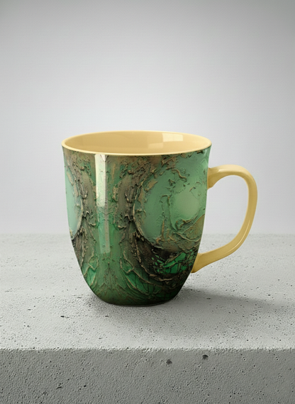 Ronny Mug | Emerald Magic mug showing abstract marbled pattern in green, gold, and earthy tones by Mersedes Mein - Gallery By Inhesion