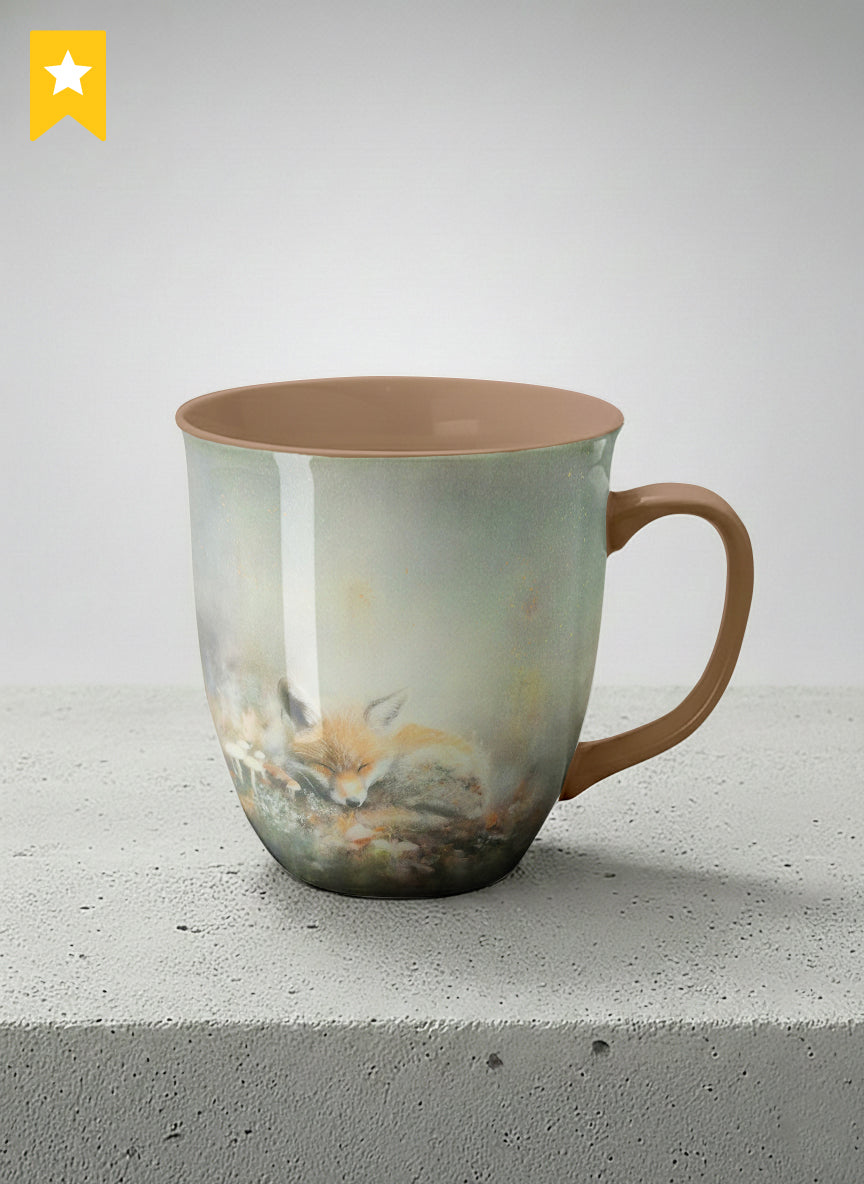 ronny mug | Lullaby mug, sleeping fox curled in a soft misty meadow, warm terracotta interior and handle, by Karina Mosser - Gallery By Inhesion
