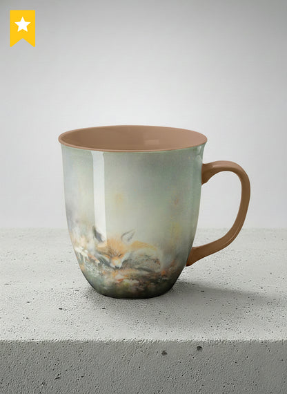 ronny mug | Lullaby mug, sleeping fox curled in a soft misty meadow, warm terracotta interior and handle, by Karina Mosser - Gallery By Inhesion