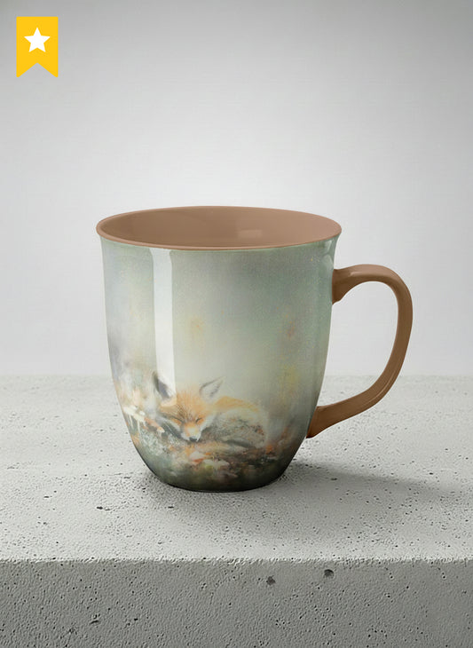 ronny mug | Lullaby mug, sleeping fox curled in a soft misty meadow, warm terracotta interior and handle, by Karina Mosser - Gallery By Inhesion