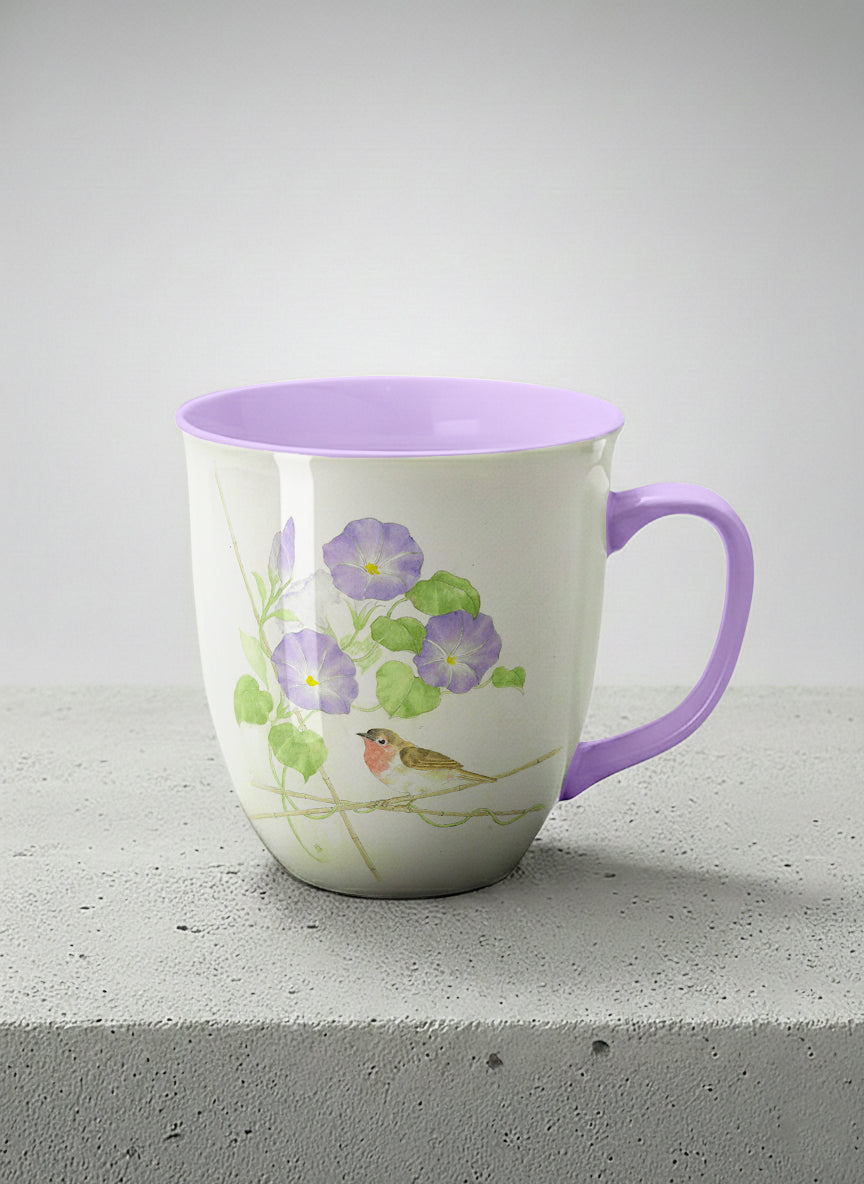 Ronny Mug | Morning Glory mug with watercolor bird and purple flowers artwork by Alice Wong - Gallery By Inhesion
