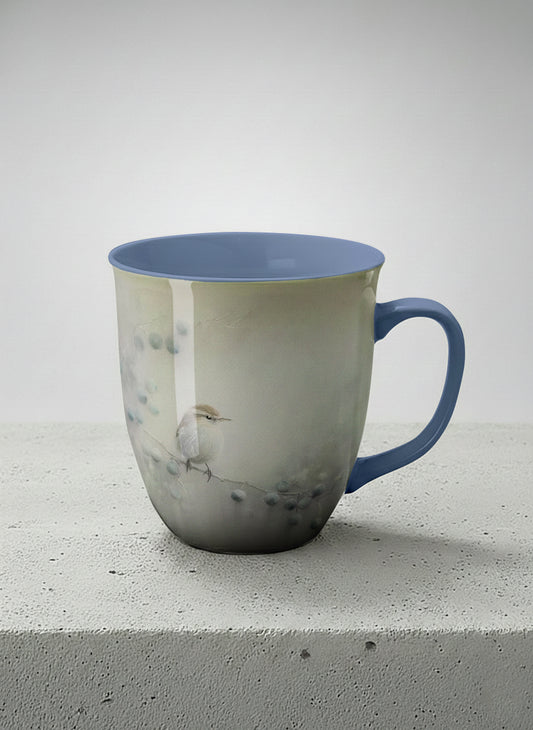 Ronny mug | A Quiet Moment mug, solitary bird perched in a soft misty landscape with delicate dot details, dusty blue interior and handle, by Karina Mosser - Gallery By Inhesion