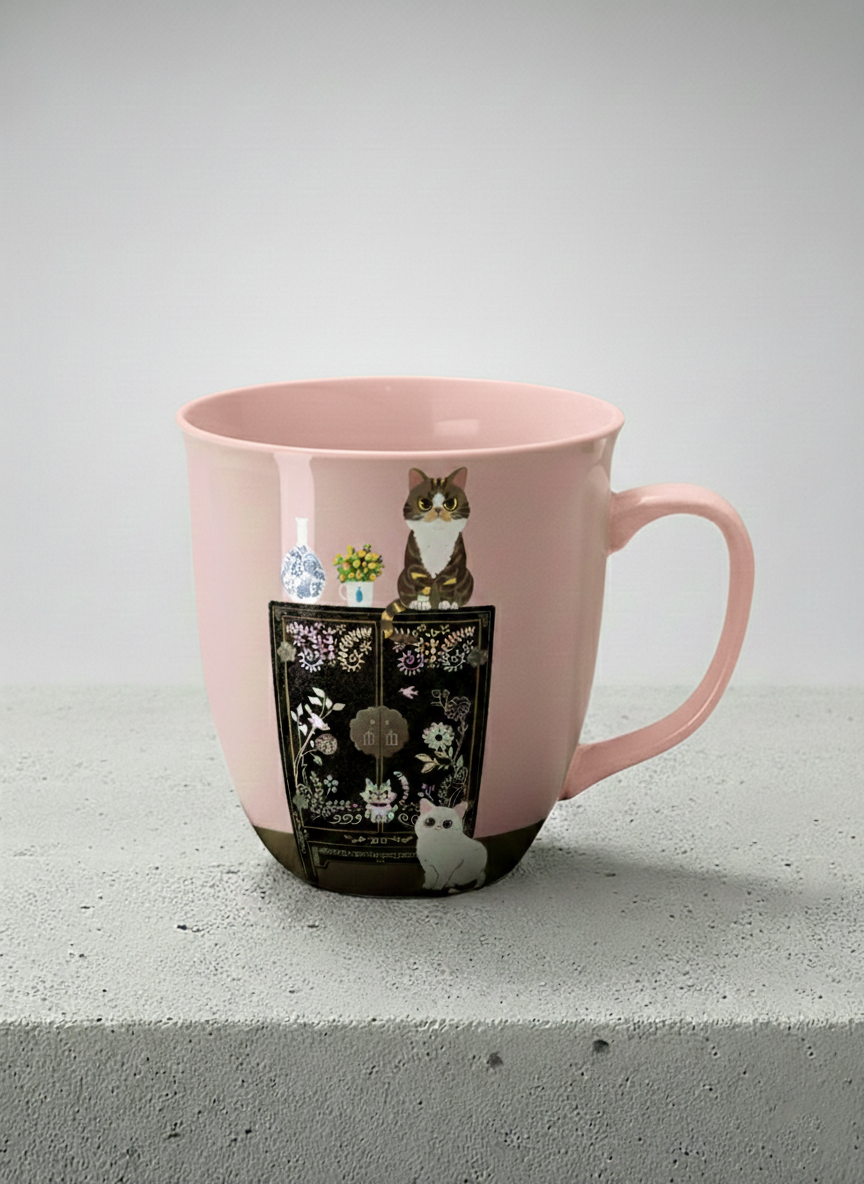 Ronny Mug | Korean Beauty & Felines mug cats by ornate black lacquer cabinet with floral carvings, blush pink interior, by Hyun Jung Cho