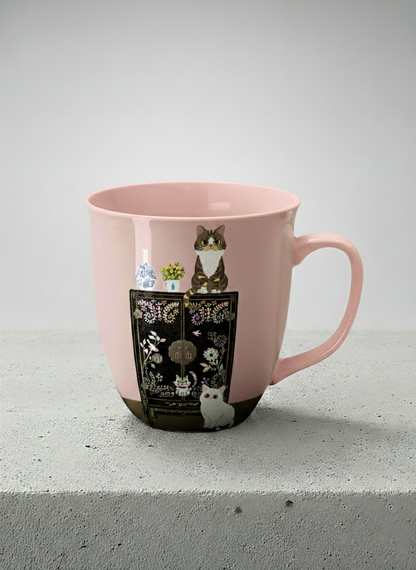 Ronny Mug | Korean Beauty & Felines mug cats by ornate black lacquer cabinet with floral carvings, blush pink interior, by Hyun Jung Cho