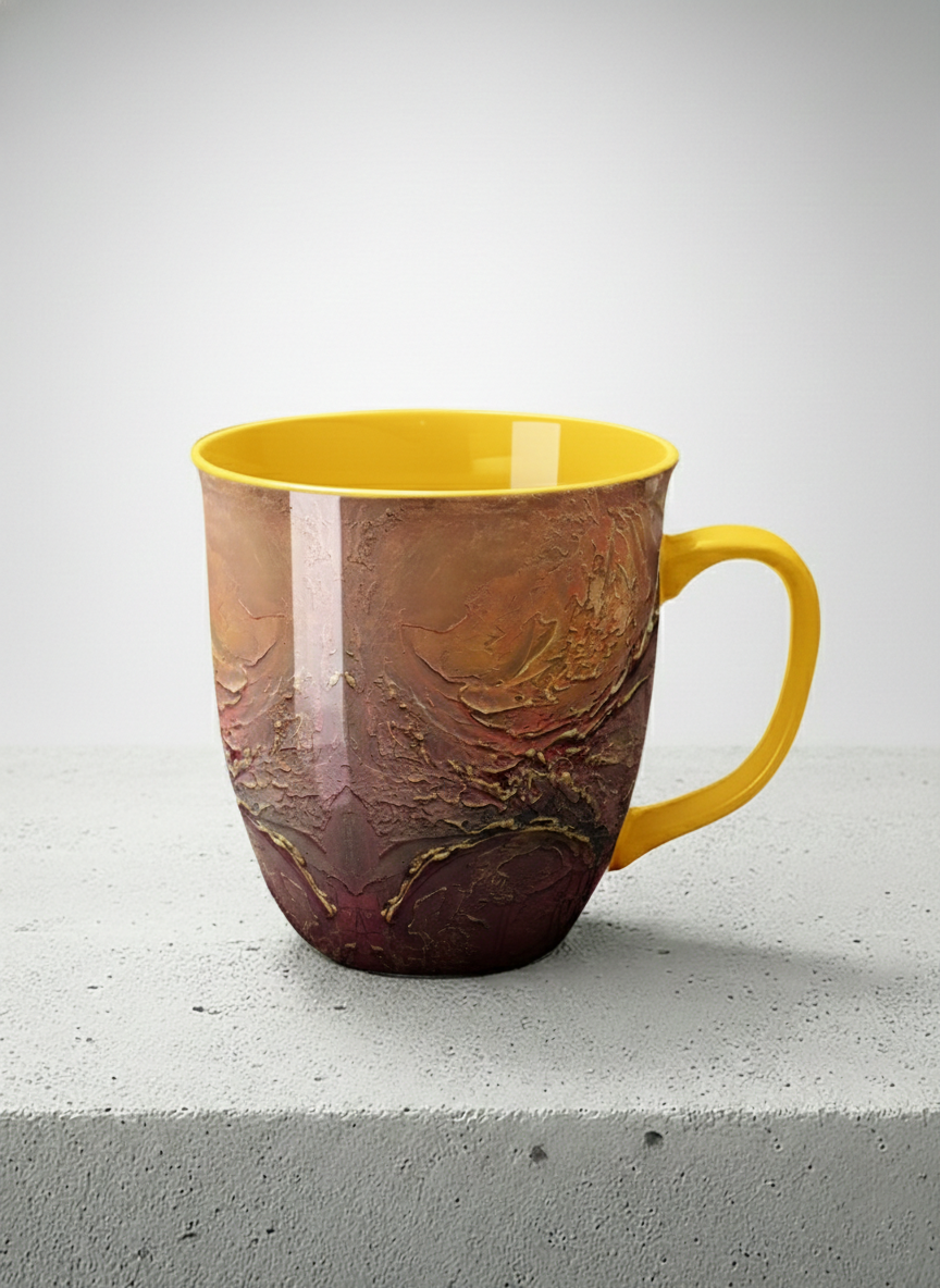 Ronny Mug | Fiery Arabesque mug showing abstract marbled pattern in earthy brown, red, and gold tones by Mersedes Mein - Gallery By Inhesion