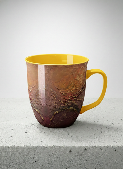 Ronny Mug | Fiery Arabesque mug showing abstract marbled pattern in earthy brown, red, and gold tones by Mersedes Mein - Gallery By Inhesion
