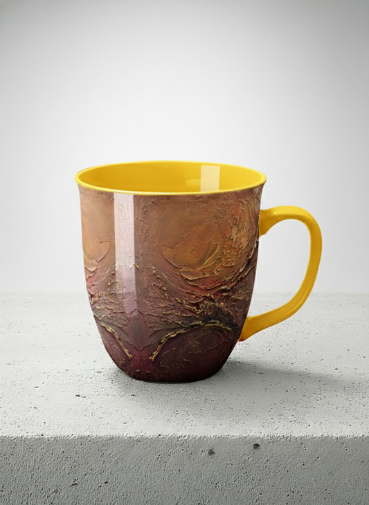 Ronny Mug | Fiery Arabesque mug showing abstract marbled pattern in earthy brown, red, and gold tones by Mersedes Mein - Gallery By Inhesion