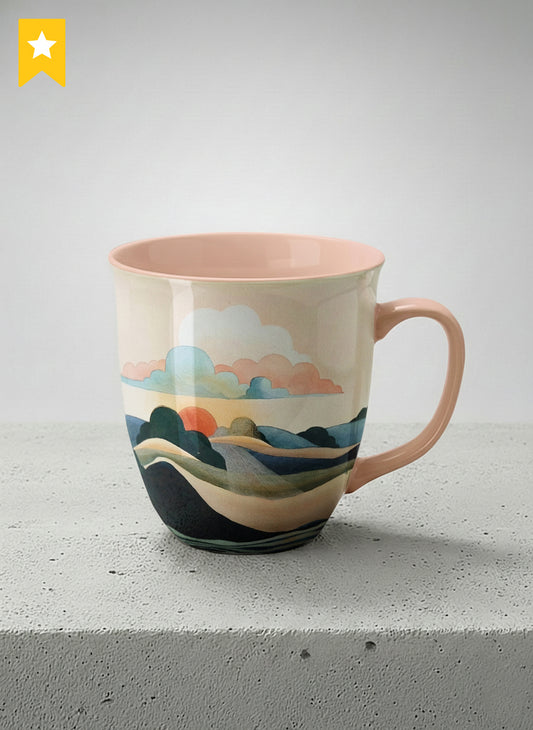 ronny mug | Sunset at the River mug rolling hills and dark treetops beneath a soft peach sky with blush and teal clouds and a glowing setting sun, warm peach interior and handle, by KikaG - Gallery By Inhesion