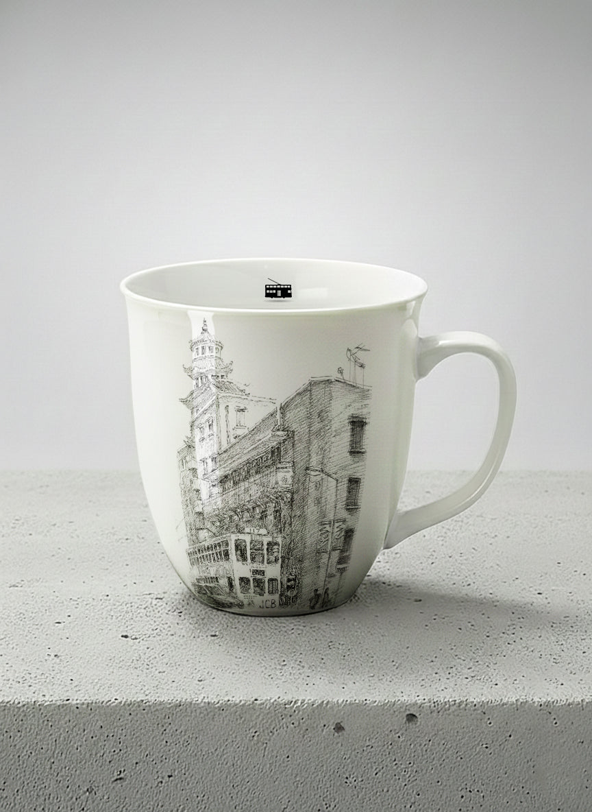 Ronny Mug | Tramway Through Time mug showing a sketch of streets and tram in Hong Kong by Samuel Kwok - Gallery By Inhesion
