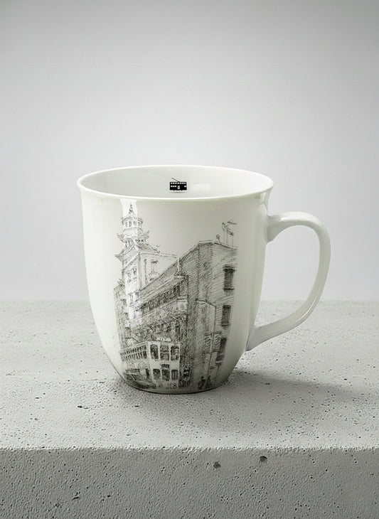 Ronny Mug | Tramway Through Time mug showing a sketch of streets and tram in Hong Kong by Samuel Kwok - Gallery By Inhesion