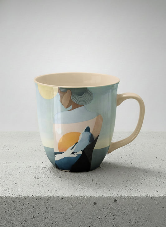 ronny mug | A Mountain to Climb mug woman gazing over jagged peaks and a golden sun on teal horizon, butter yellow interior, by KikaG - Gallery By Inhesion