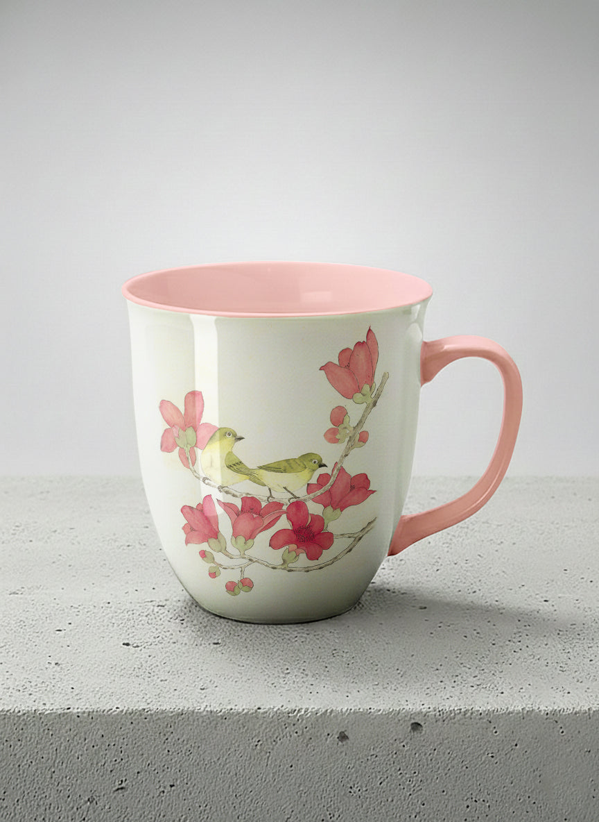 Ronny Mug | Forever Love mug with watercolor birds on branch with pink flowers by Alice Wong - Gallery By Inhesion