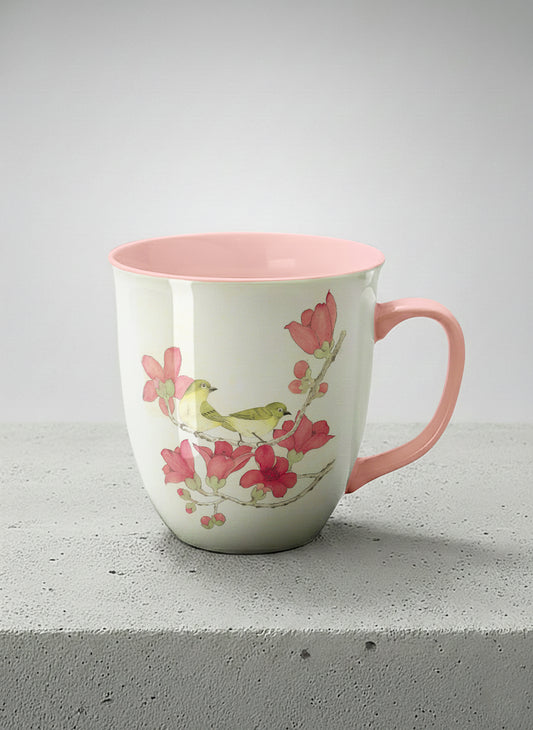 Ronny Mug | Forever Love mug with watercolor birds on branch with pink flowers by Alice Wong - Gallery By Inhesion