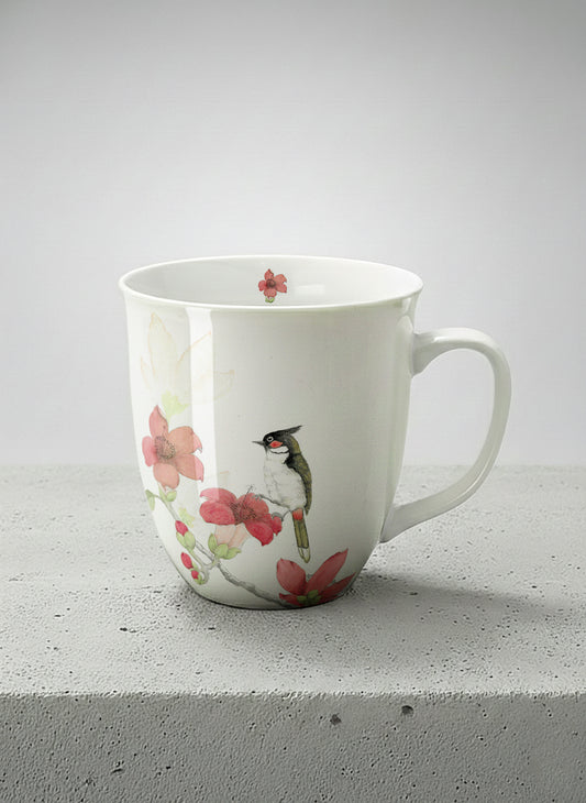 Ronny Mug | The Radiance of Red Kapok mug with watercolor illustration of a red bird and pink flowers artwork by Alice Wong - Gallery By Inhesion
