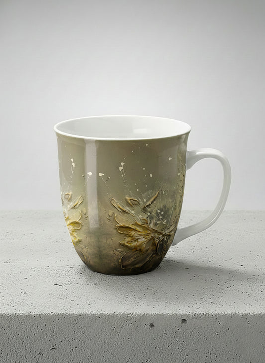 Ronny Mug | Awakening mug showing textured floral design in muted grey-gold tones by Mersedes Mein - Gallery By Inhesion