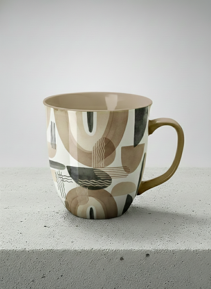 Ronny Mug | Organic Shades mug, earthy beige and charcoal abstract shapes, cream interior, olive handle, by Alan CL Lee - Gallery By Inhesion