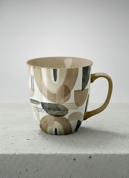 Ronny Mug | Organic Shades mug, earthy beige and charcoal abstract shapes, cream interior, olive handle, by Alan CL Lee - Gallery By Inhesion