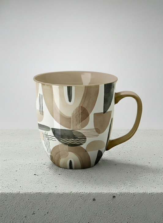 Ronny Mug | Organic Shades mug, earthy beige and charcoal abstract shapes, cream interior, olive handle, by Alan CL Lee - Gallery By Inhesion