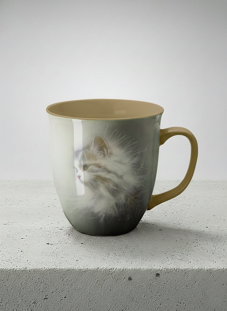 Ronny Mug | Wild and Free mug, photorealistic cat portrait emerging from a soft smoky mist, warm beige interior and handle, by Karina Mosser - Gallery By Inhesion