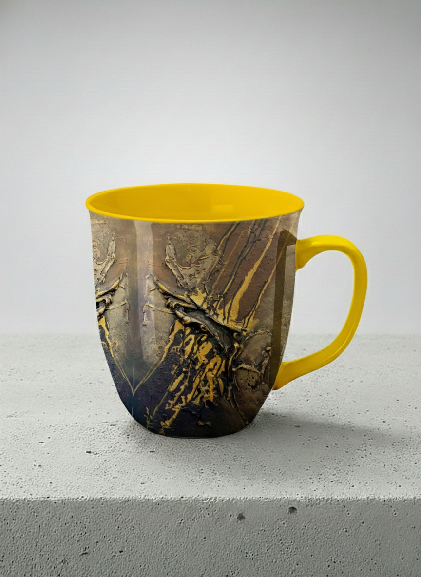 Ronny Mug | Unfolding Luminance mug showing abstract marbled pattern in brown, black, and gold tones by Mersedes Mein - Gallery By Inhesion