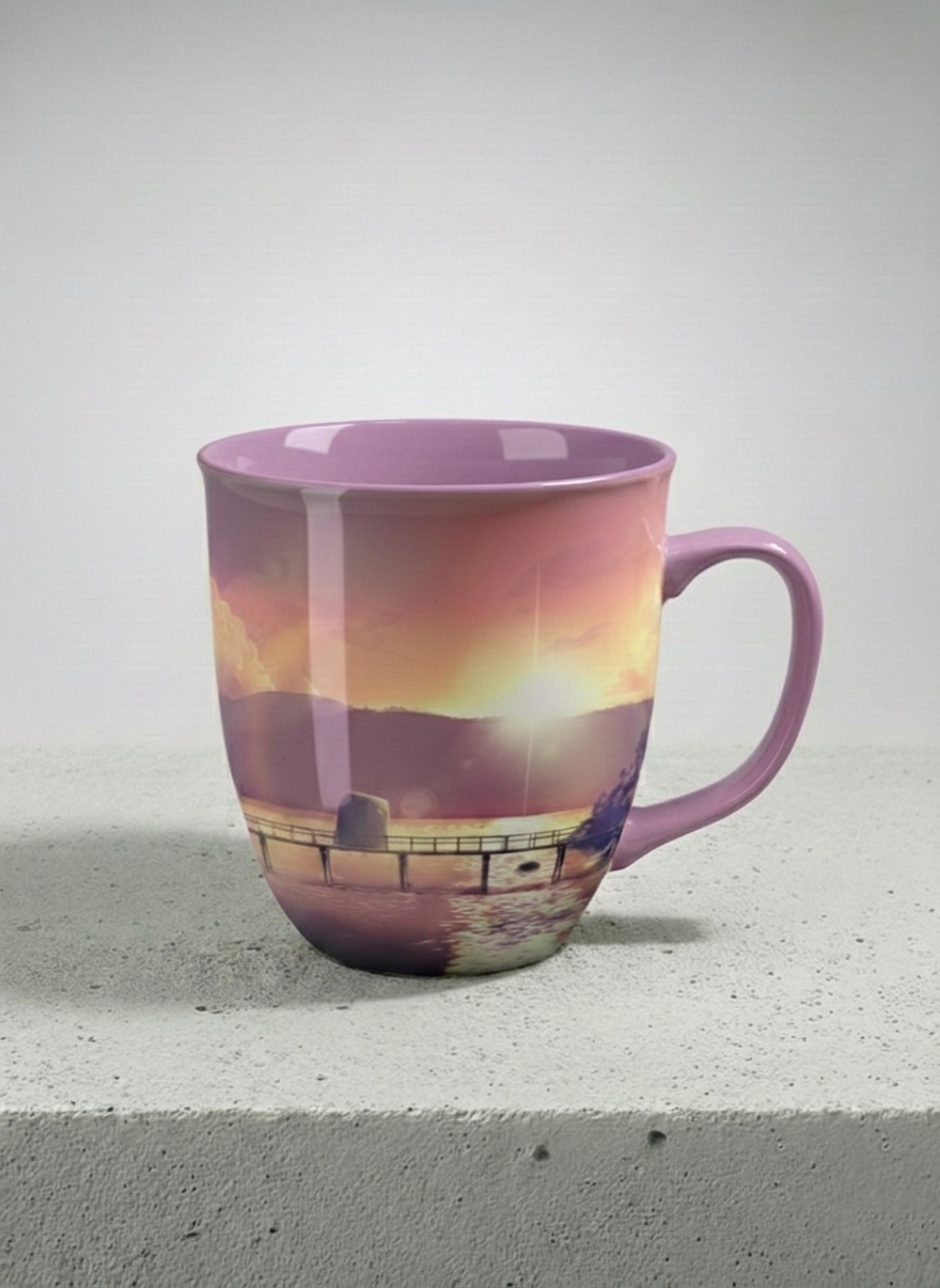 Ronny Mug | Gaze into the Golden Hour mug glowing sunset over a lakeside pier in warm amber and violet, soft lilac interior, by Samuel Kwok Gallery By Inhesion