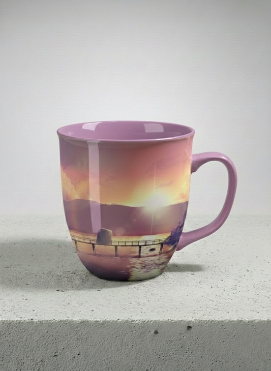 Ronny Mug | Gaze into the Golden Hour mug glowing sunset over a lakeside pier in warm amber and violet, soft lilac interior, by Samuel Kwok Gallery By Inhesion