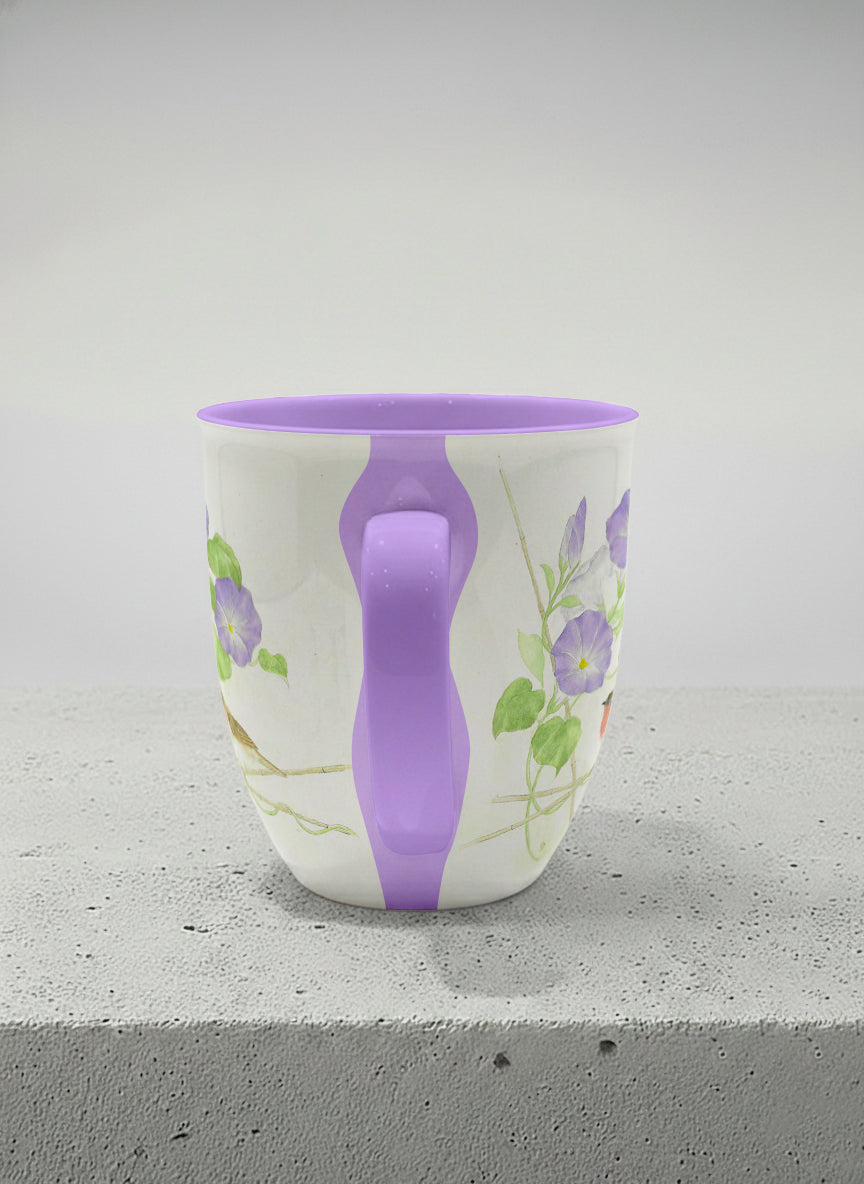 Ronny Mug | Morning Glory side view mug with watercolor bird and purple flowers artwork by Alice Wong - Gallery By Inhesion