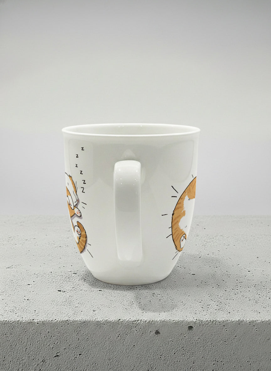 ronny mug | Sweet Dreams side view mug, a ginger tabby cat curled into a perfect circle fast asleep with tiny zzz's floating above, clean white interior and handle, by Hyun Jung Cho - Gallery By Inhesion