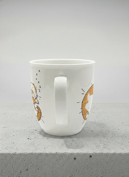 ronny mug | Sweet Dreams side view mug, a ginger tabby cat curled into a perfect circle fast asleep with tiny zzz's floating above, clean white interior and handle, by Hyun Jung Cho - Gallery By Inhesion