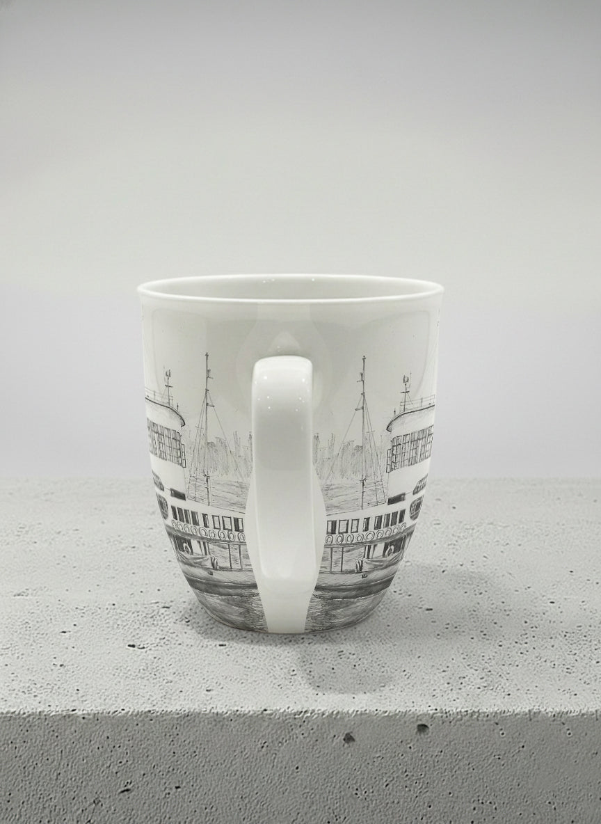 Ronny Mug | The Star of the Harbor side view mug showing a sketch of Star Ferry Pier in Hong Kong by Samuel Kwok - Gallery By Inhesion