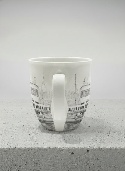 Ronny Mug | The Star of the Harbor side view mug showing a sketch of Star Ferry Pier in Hong Kong by Samuel Kwok - Gallery By Inhesion