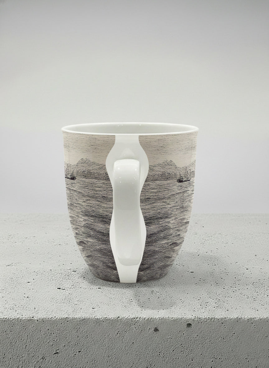 Ronny Mug | Shimmering Passage side view mug showing a pen drawing Star Ferry in Hong Kong by Samuel Kwok - Gallery By Inhesion