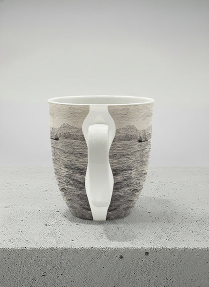 Ronny Mug | Shimmering Passage side view mug showing a pen drawing Star Ferry in Hong Kong by Samuel Kwok - Gallery By Inhesion