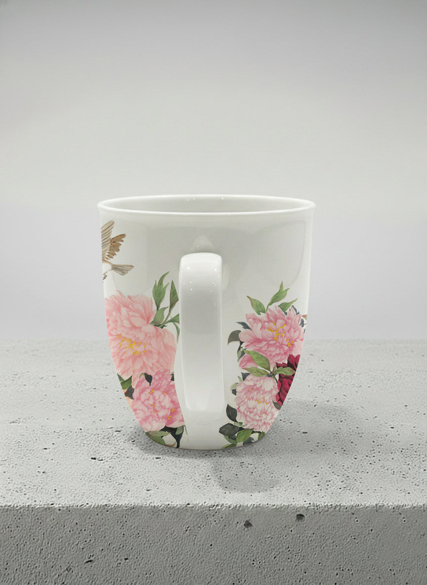 Ronny Mug | A Tapestry of Flowers side view mug with watercolor bird flying amid pink/red flowers by Alice Wong - Gallery By Inhesion
