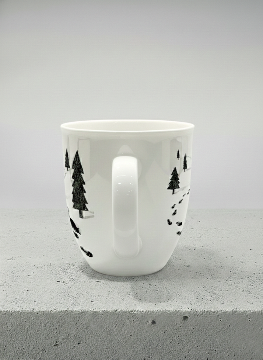 Ronny Mug | The Curious Cat side view mug shows a sketch of a cat following fish-shaped footprints by Tang Yau Hoong - Gallery By Inhesion