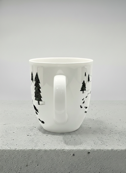 Ronny Mug | The Curious Cat side view mug shows a sketch of a cat following fish-shaped footprints by Tang Yau Hoong - Gallery By Inhesion