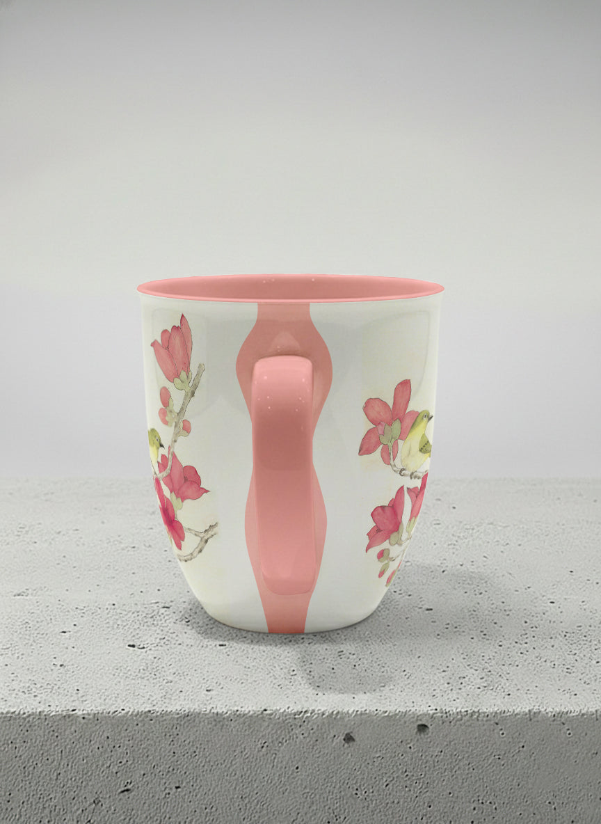 Ronny Mug | Forever Love side view mug with watercolor birds on branch with pink flowers by Alice Wong - Gallery By Inhesion