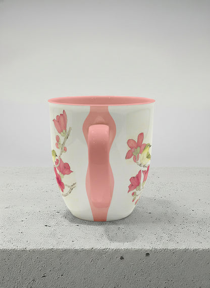 Ronny Mug | Forever Love side view mug with watercolor birds on branch with pink flowers by Alice Wong - Gallery By Inhesion