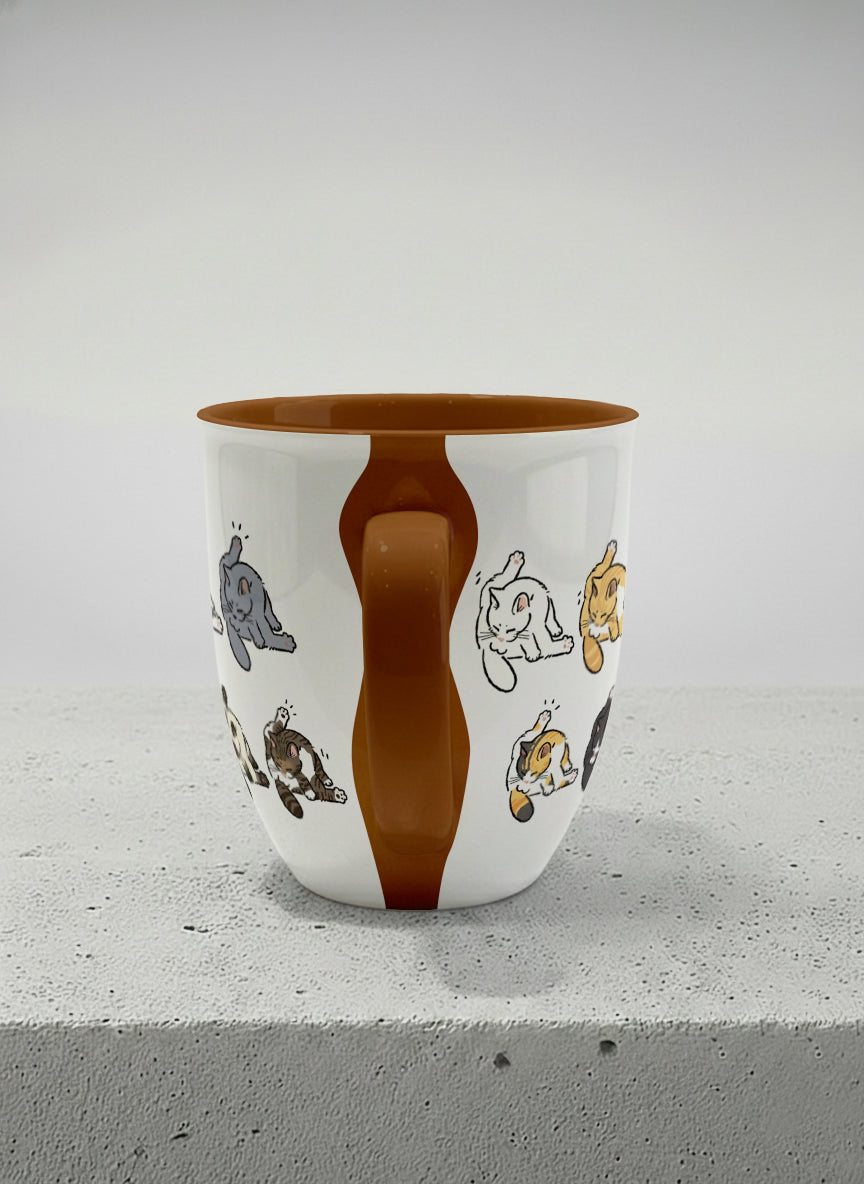 ronny mug | The Grooming Club side view mug eight cats mid-stretch and self-groom in playful rows, soft grey interior and handle, by Hyun Jung Cho