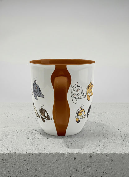 ronny mug | The Grooming Club side view mug eight cats mid-stretch and self-groom in playful rows, soft grey interior and handle, by Hyun Jung Cho