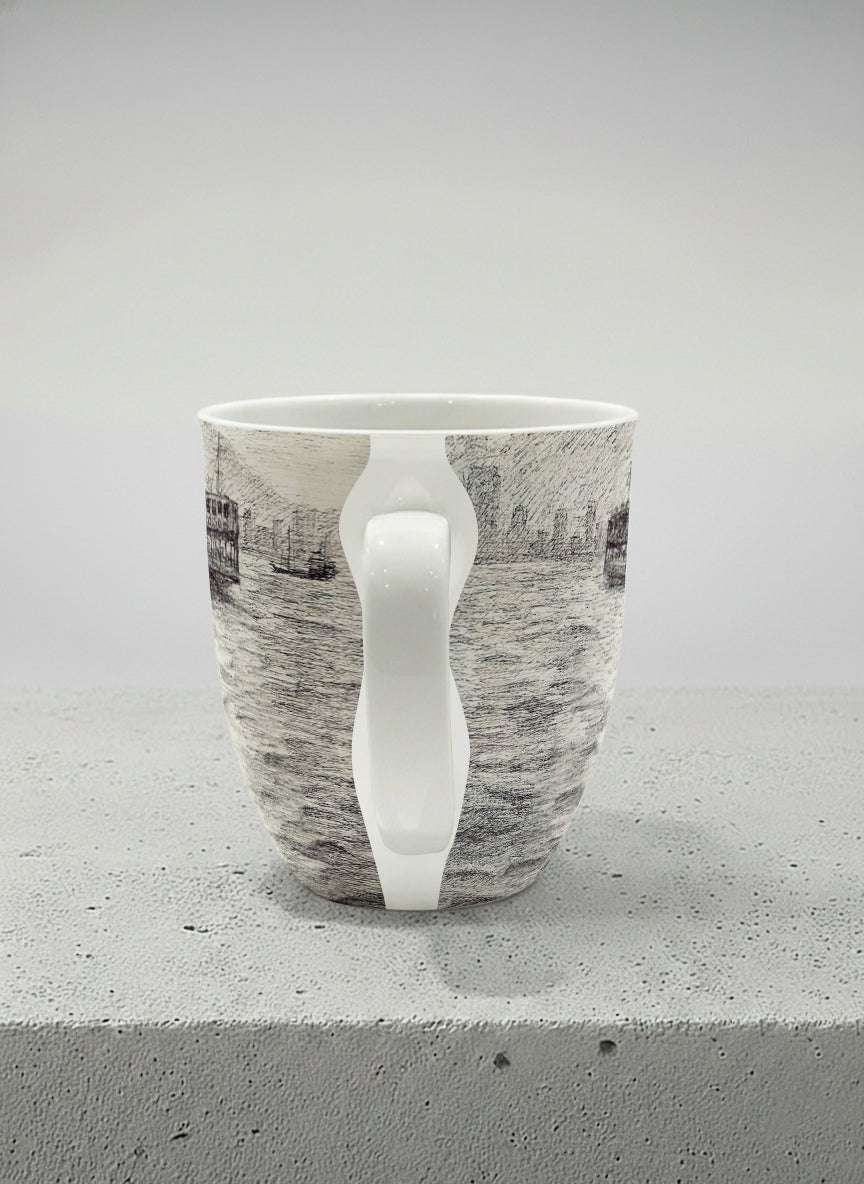 Ronny Mug | Shimmering Passage side view mug showing a pen drawing Star Ferry in Hong Kong by Samuel Kwok - Gallery By Inhesion