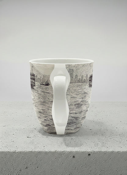Ronny Mug | Shimmering Passage side view mug showing a pen drawing Star Ferry in Hong Kong by Samuel Kwok - Gallery By Inhesion